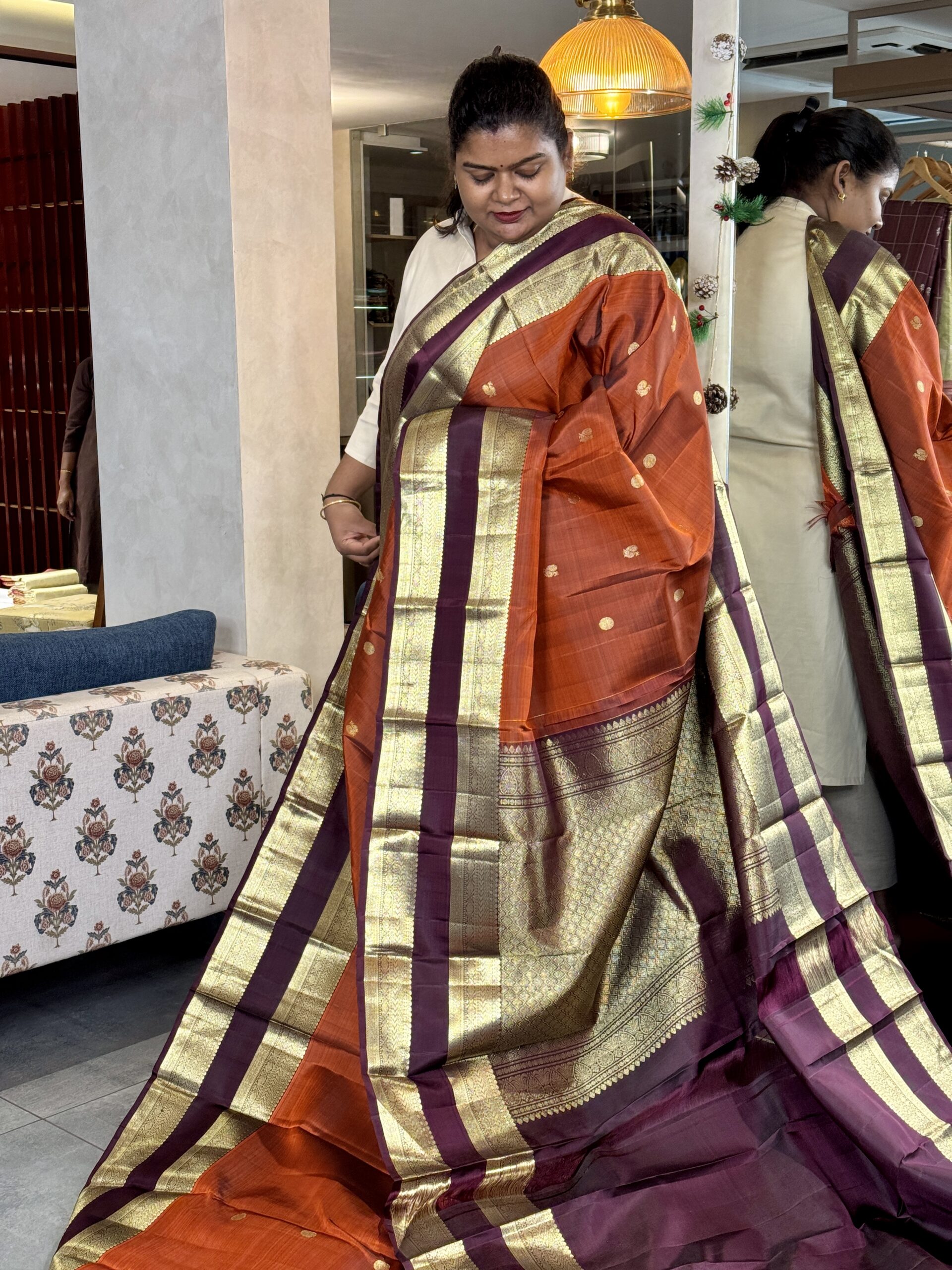 Rust & Dark Plum Rettapet Border kanchipuram Silk Saree