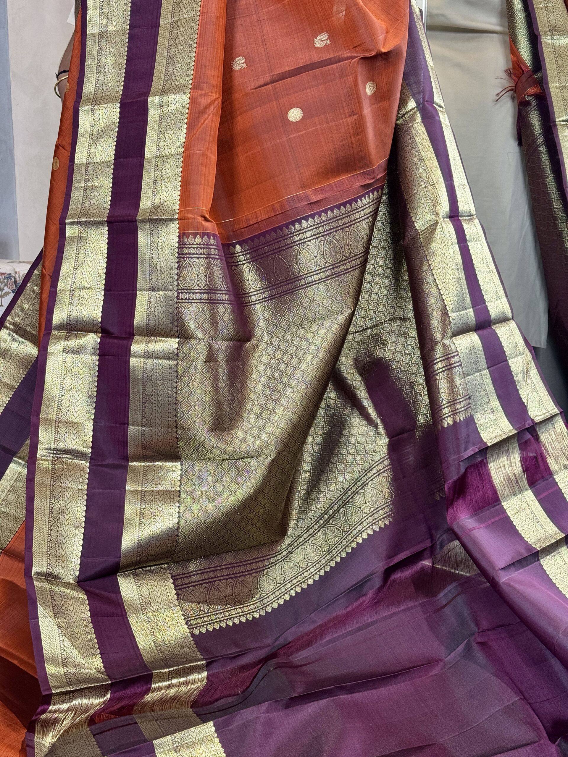 Rust & Dark Plum Rettapet Border kanchipuram Silk Saree - Image 6