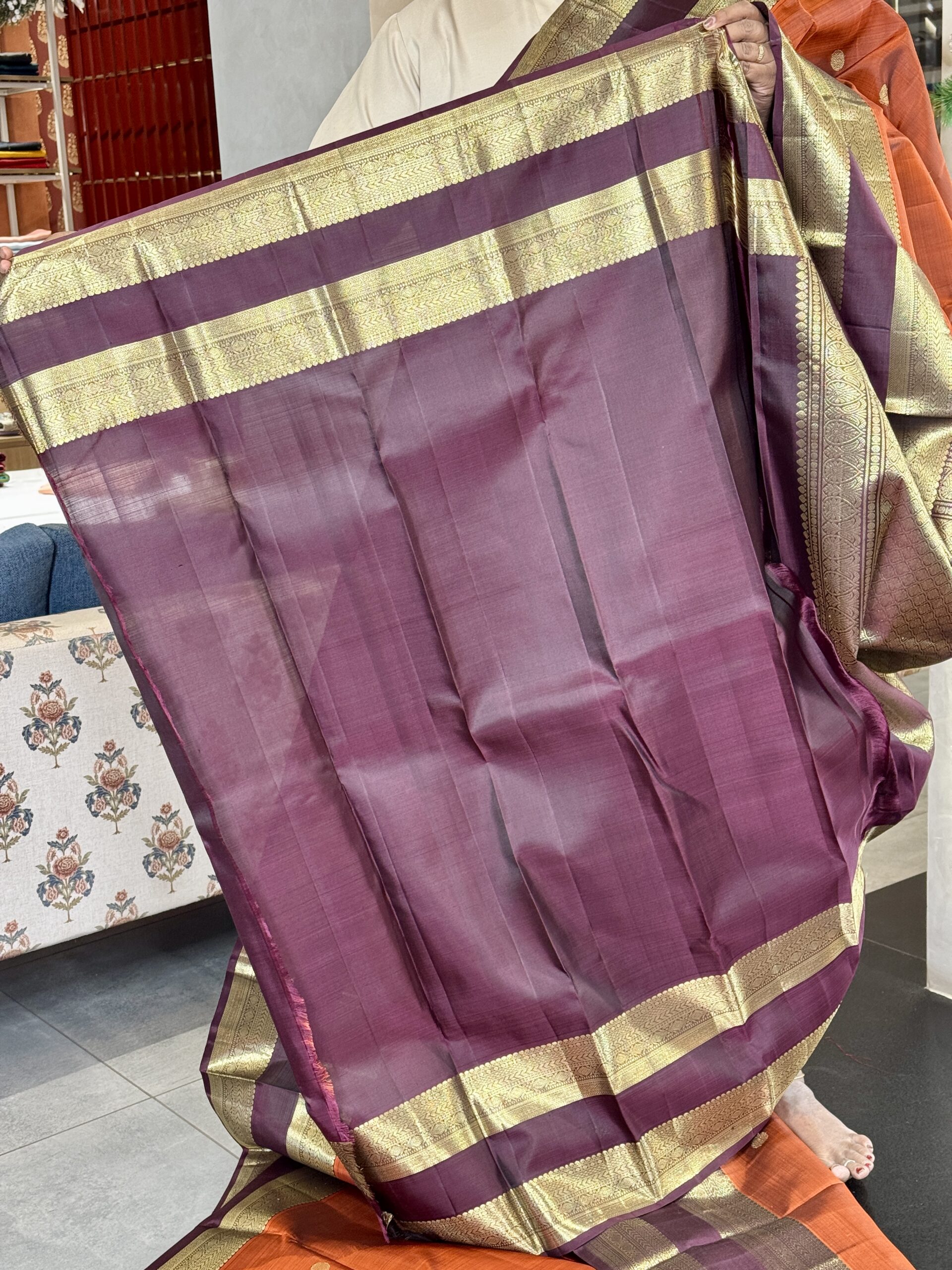 Rust & Dark Plum Rettapet Border kanchipuram Silk Saree - Image 7
