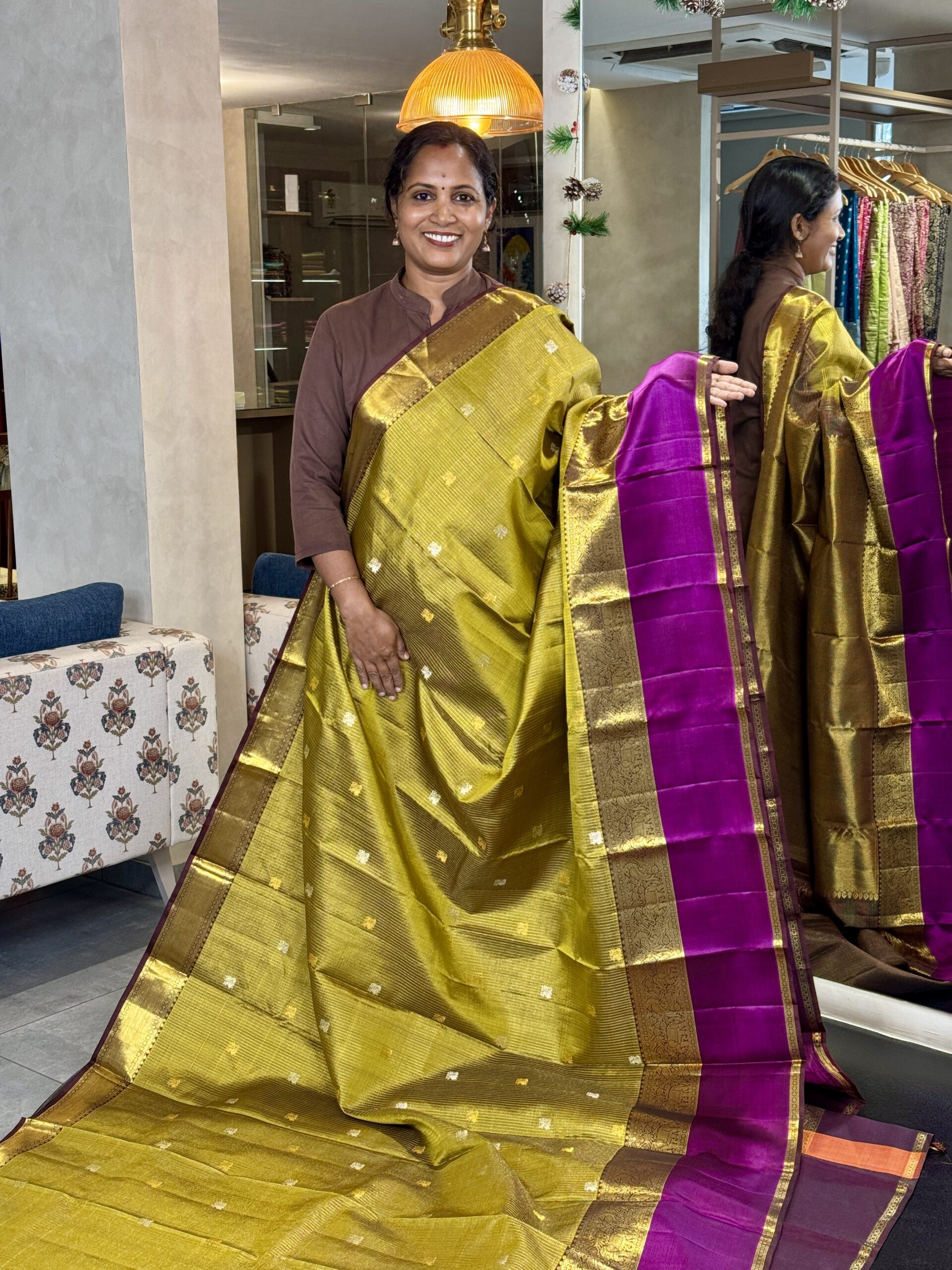 Mehendi Green & Purple Pure Kanchipuram Silk Saree - Image 2