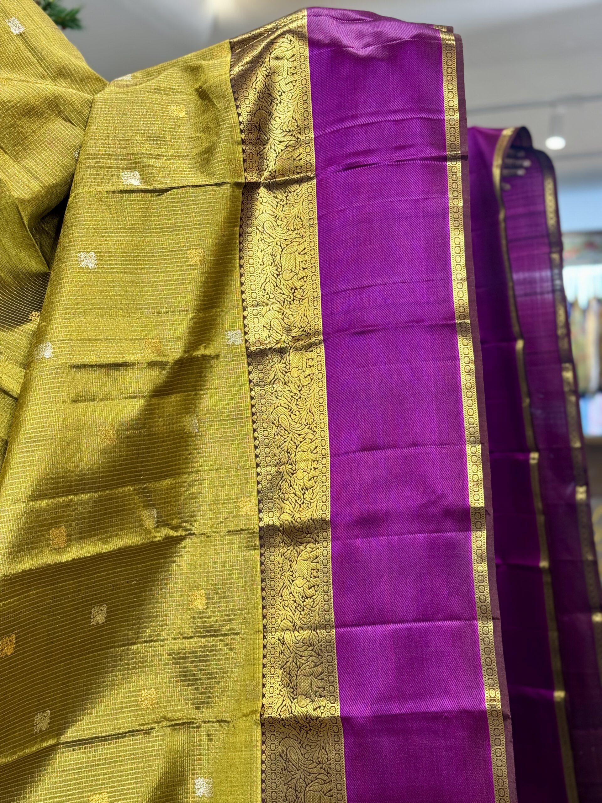 Mehendi Green & Purple Pure Kanchipuram Silk Saree - Image 3