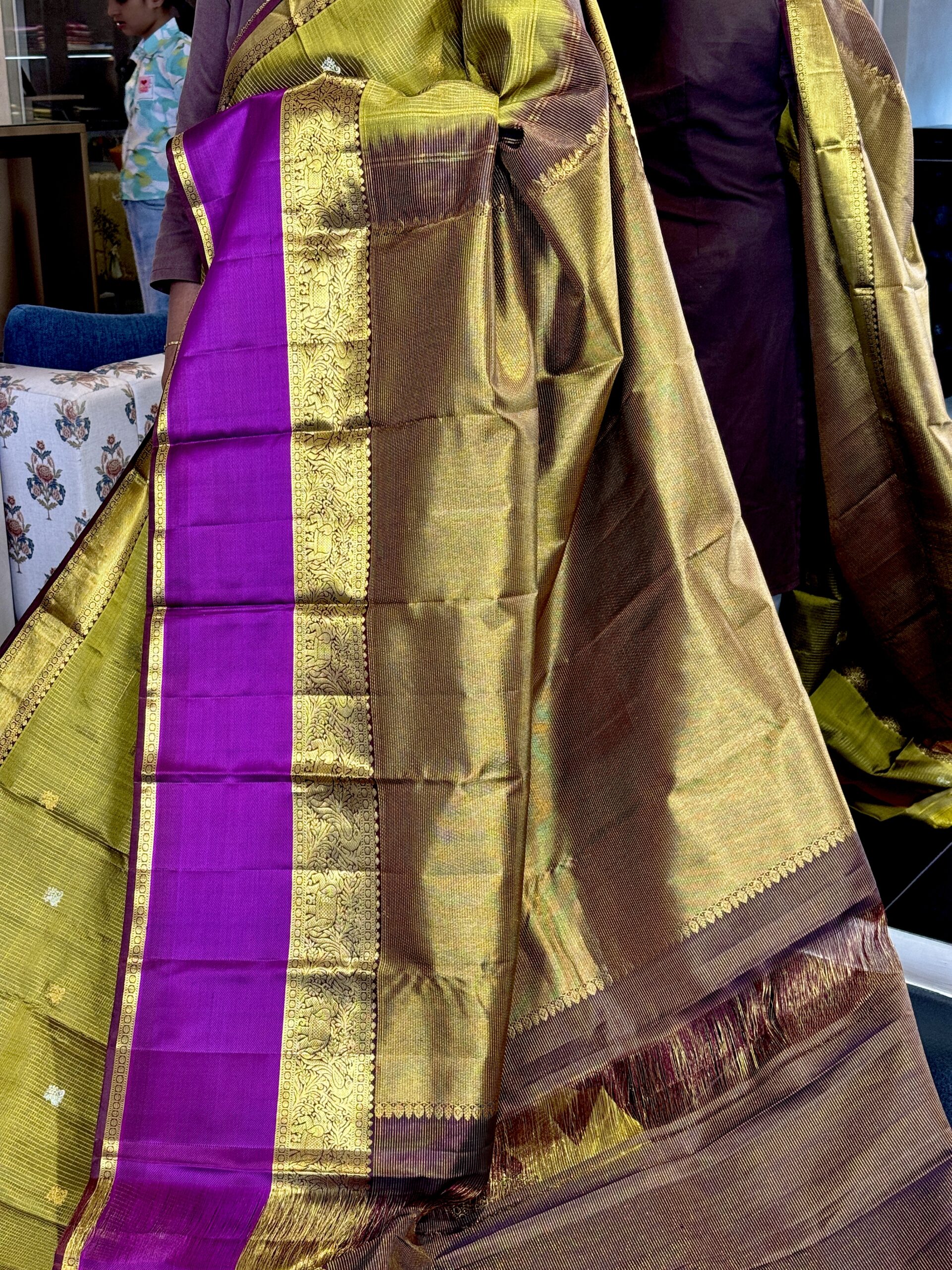 Mehendi Green & Purple Pure Kanchipuram Silk Saree - Image 6