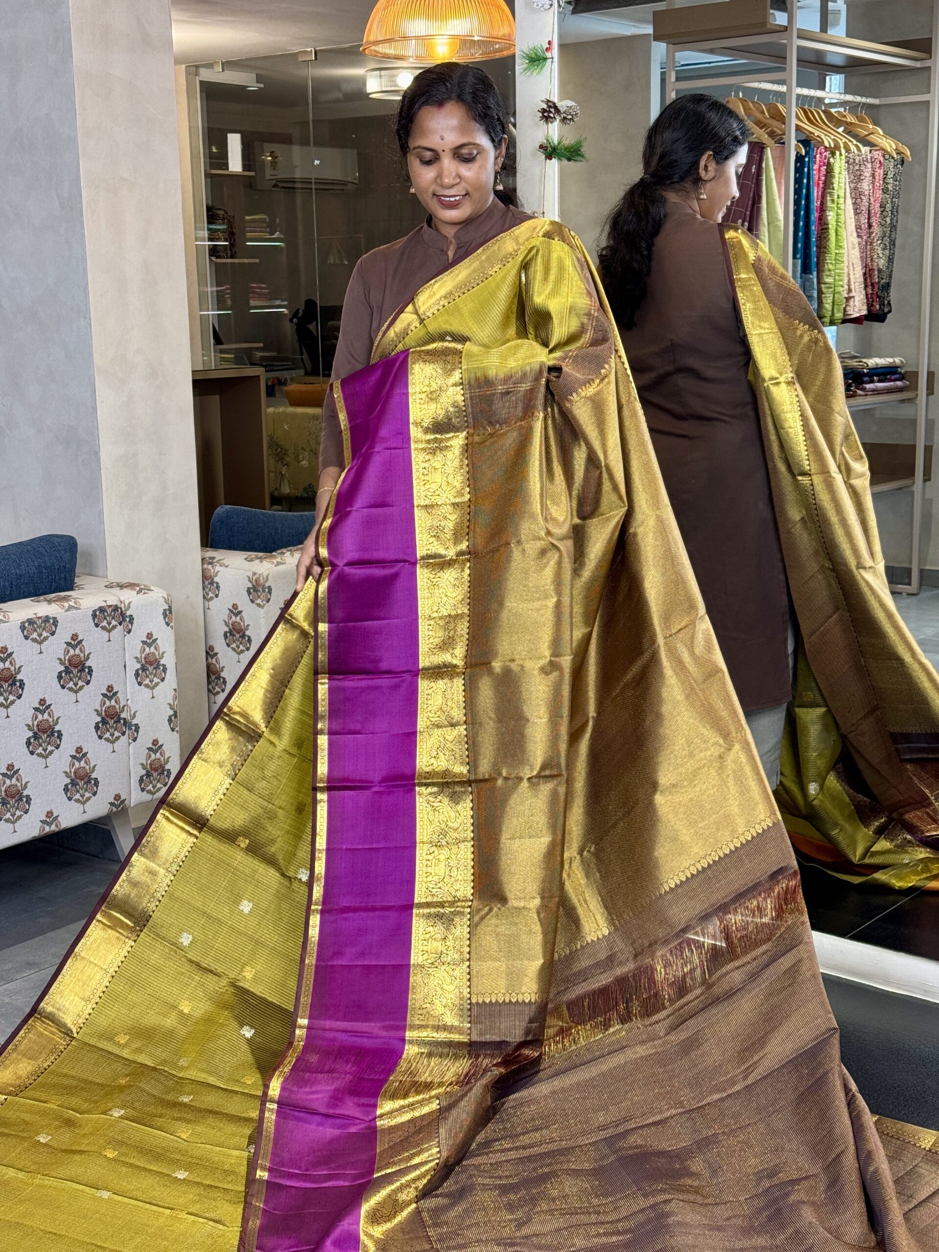 Mehendi Green & Purple Pure Kanchipuram Silk Saree