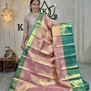 Gold Tissue Kanchipuram Silk Saree with Rose-Pink Undertone & Peacock Green Border