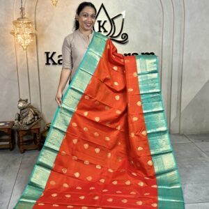 Pure Kanchipuram Silk Saree in Bright Orange with Peacock Green Border