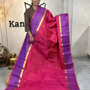 Pure Kanchipuram Silk Saree in Bright Pink with Royal Purple Checked Border