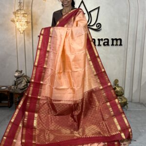 Pure Kanchipuram Silk Saree in Soft Peachish Orange with Dark Red Gap Borders