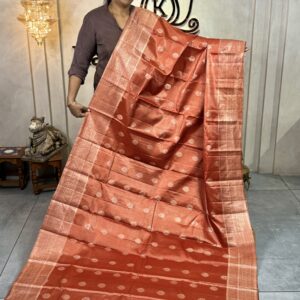 Burnt Orange Kanchipuram Silk Saree, Platinum Zari Brocade
