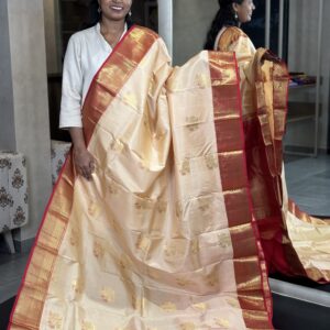 Pure Korvai Kanchipuram Silk Saree in Biscuit and Red