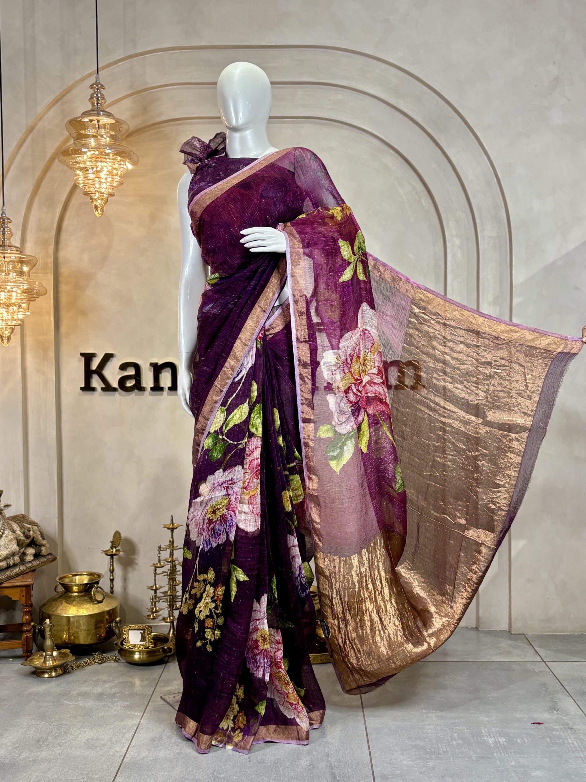 Silk Linen Sarees with Floral Print & Tissue Pallu