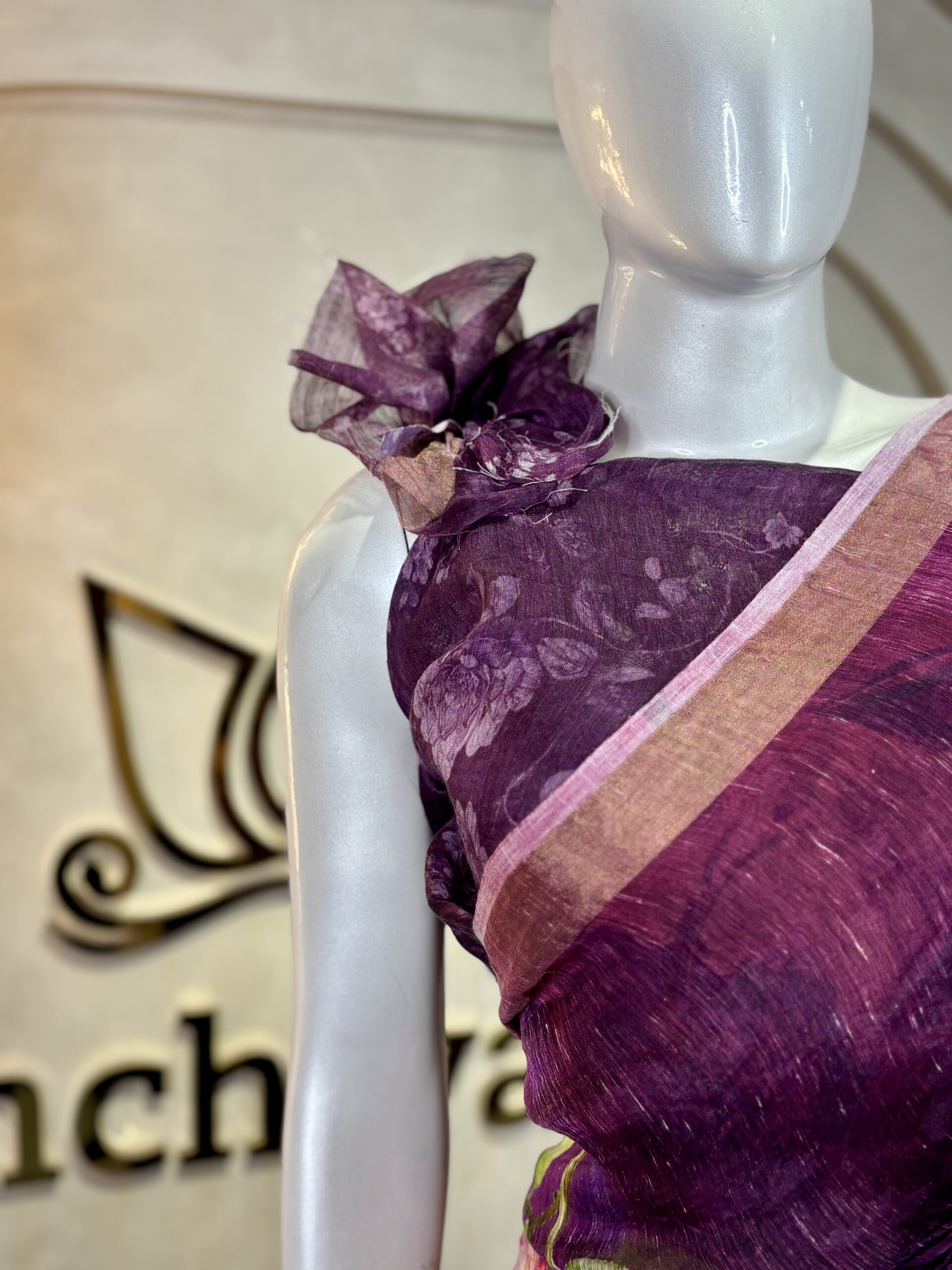 Silk Linen Sarees with Floral Print & Tissue Pallu - Image 6