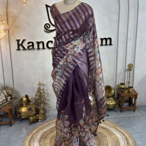 Floral Organza Sarees with Tissue Stripes