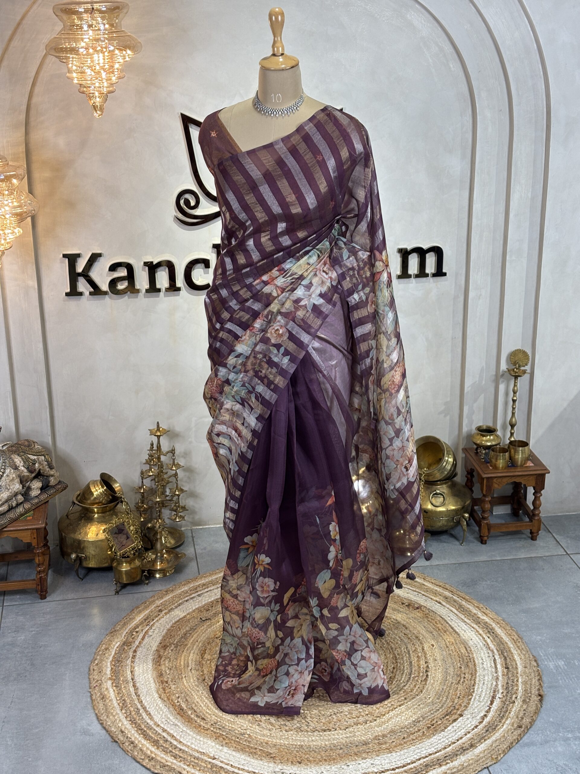 Floral Organza Sarees with Tissue Stripes