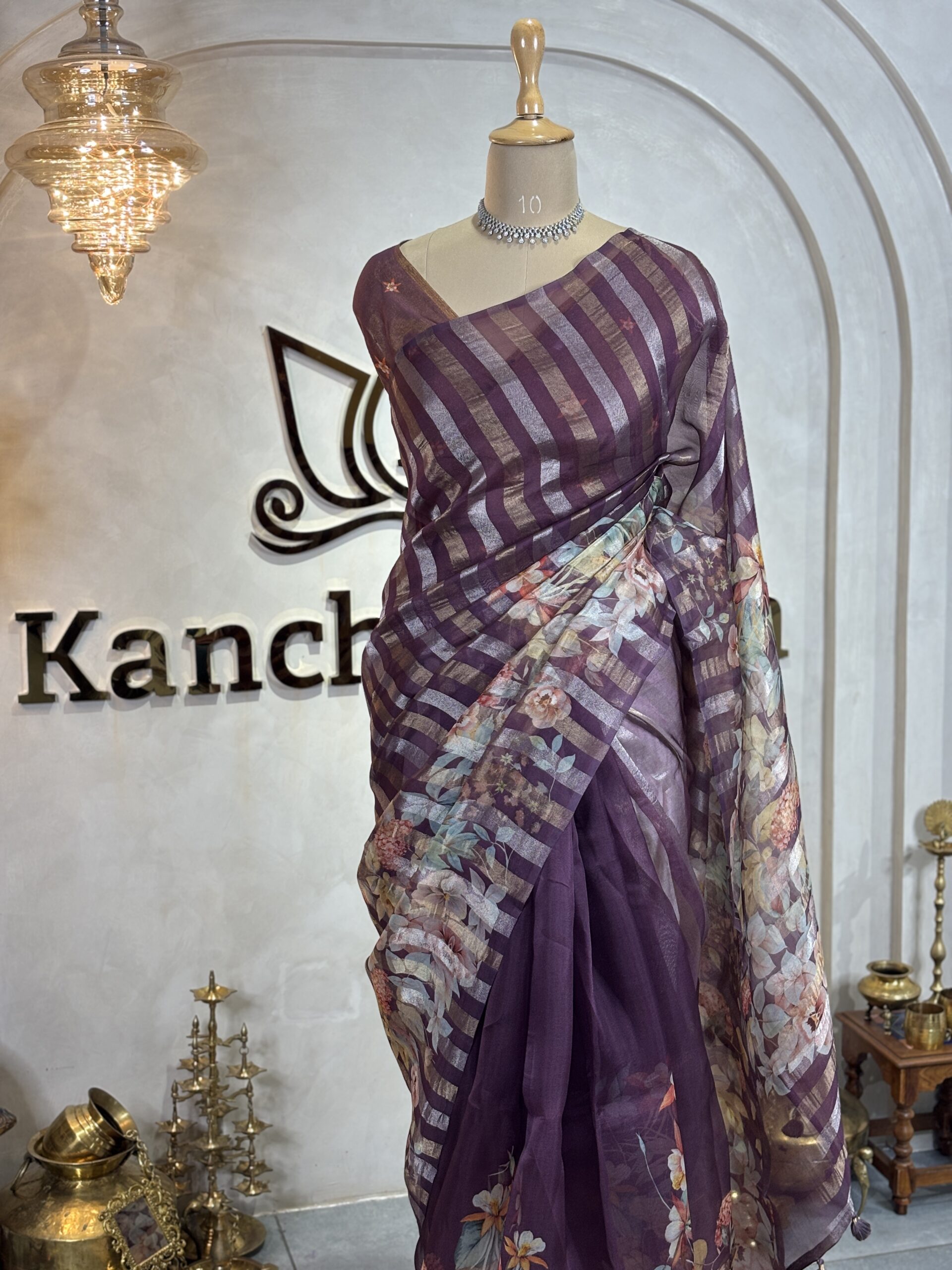 Floral Organza Sarees with Tissue Stripes - Image 2