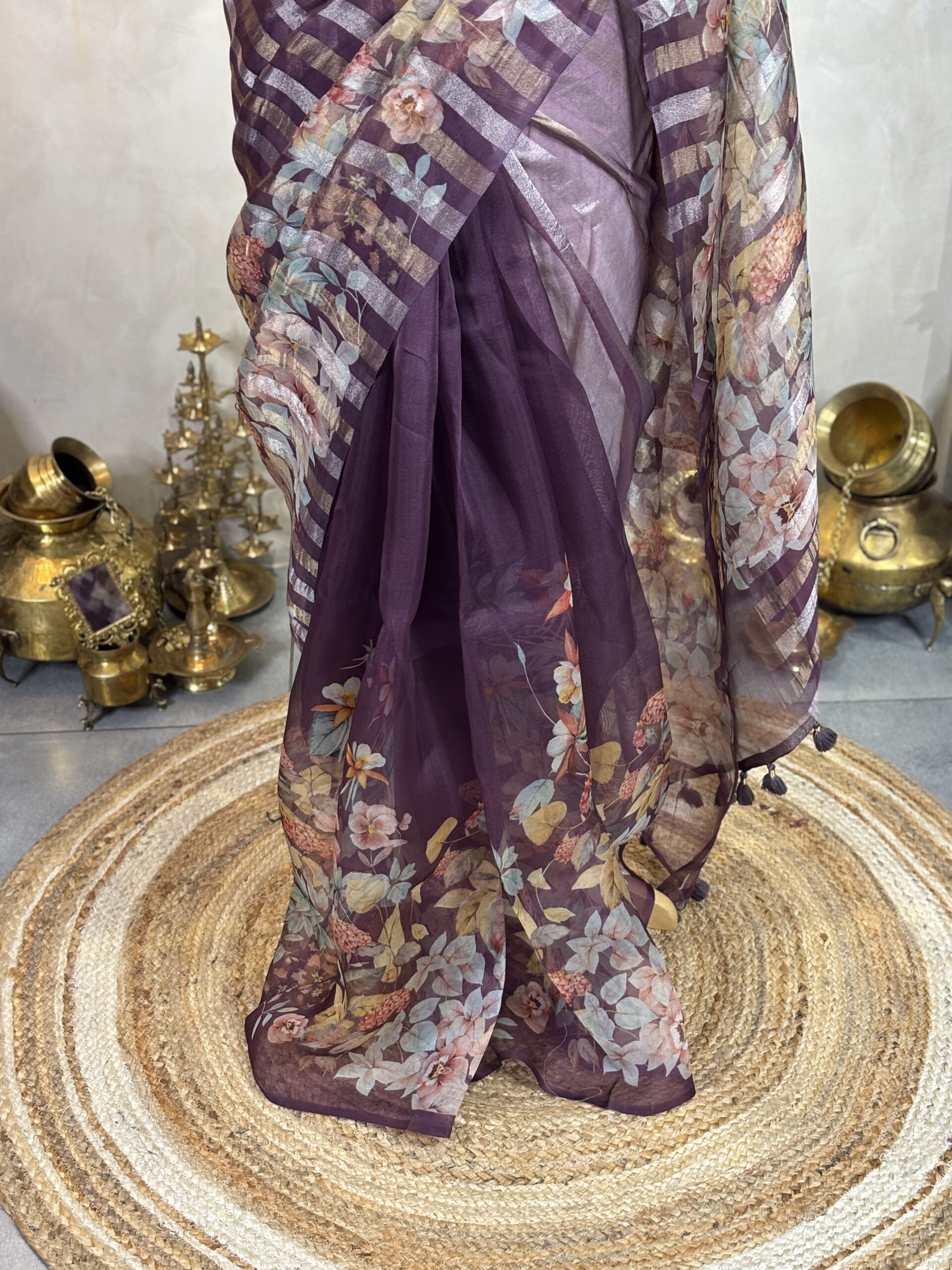 Floral Organza Sarees with Tissue Stripes - Image 3