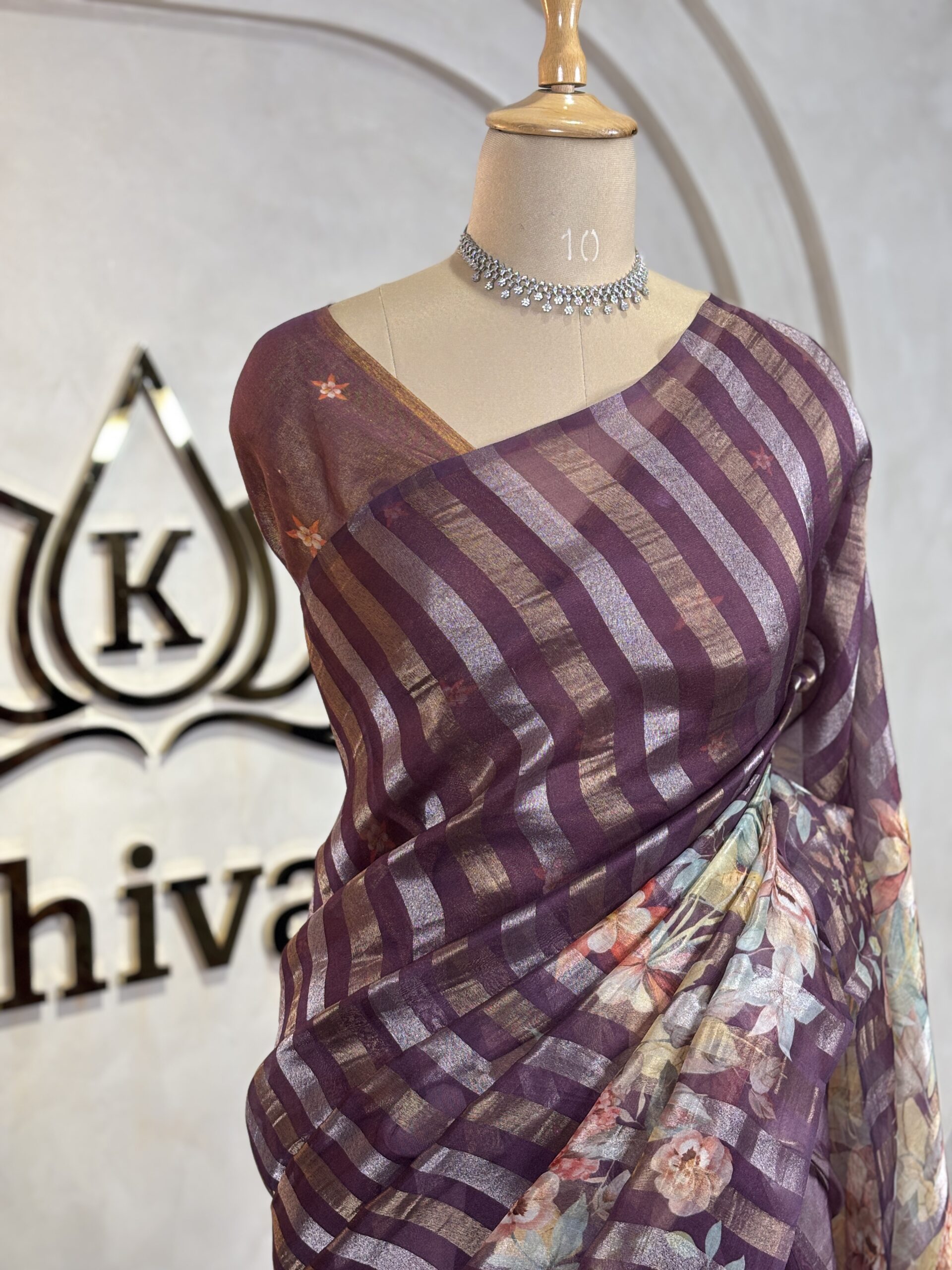 Floral Organza Sarees with Tissue Stripes - Image 4