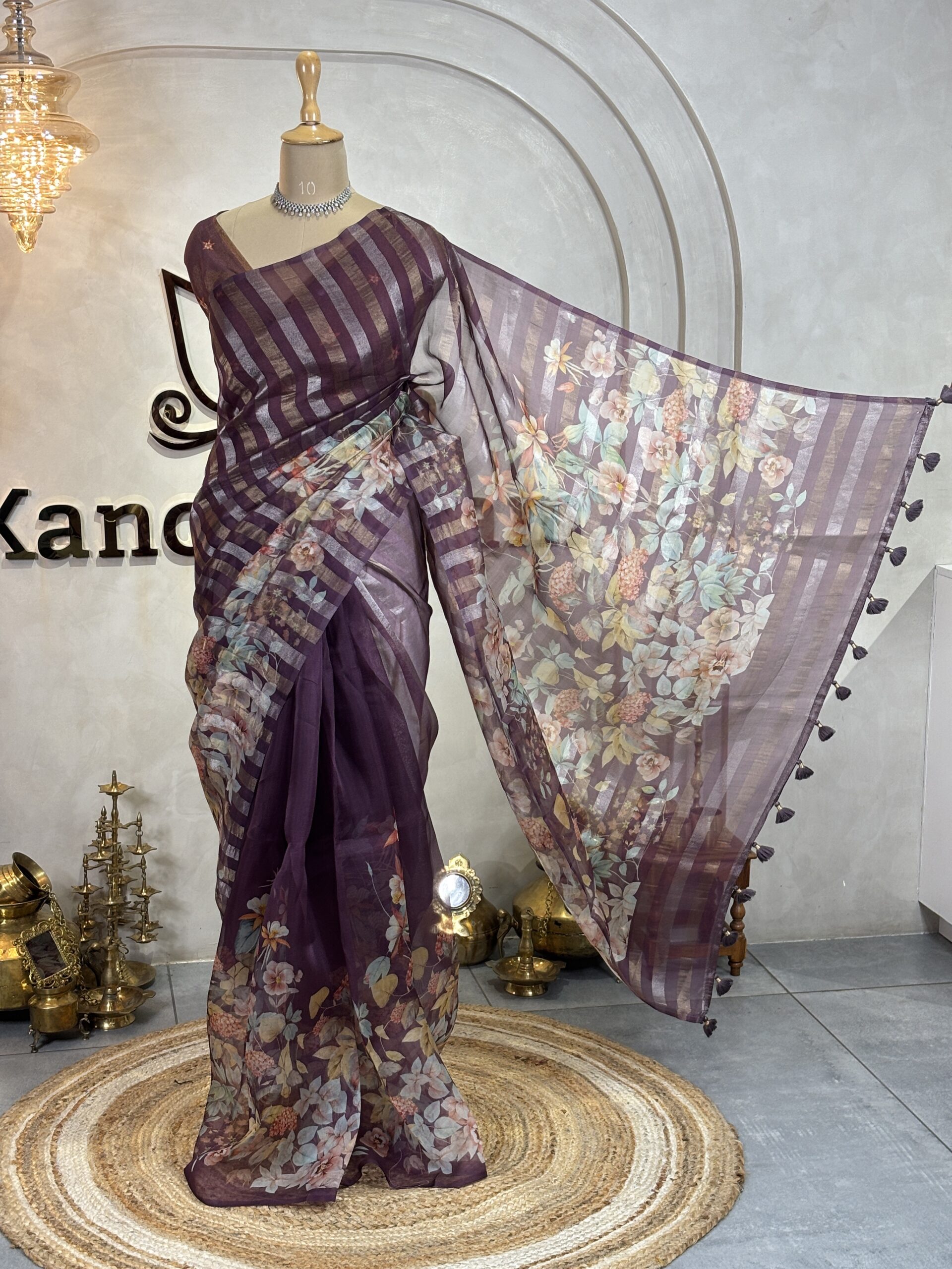 Floral Organza Sarees with Tissue Stripes - Image 5