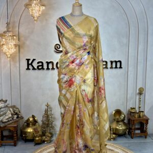 Pure Organza Silk Saree with Floral Prints & Tissue Stripes