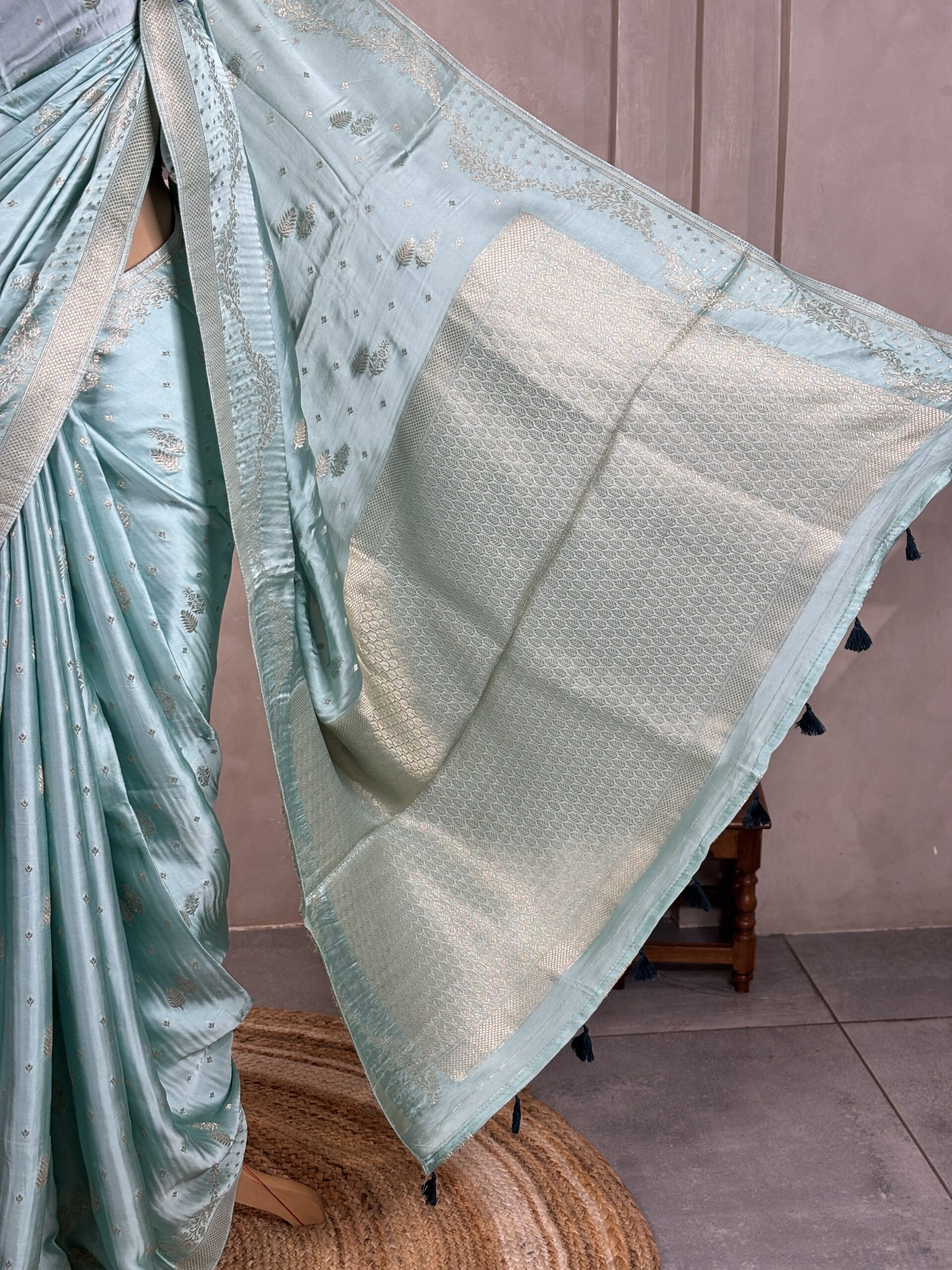 Semi - Banarasi Satin Silk Sarees - Image 5