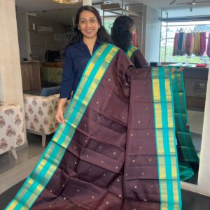 Pure Kanchipuram Silk Saree in Chocolate Brown with Turquoise Contrast