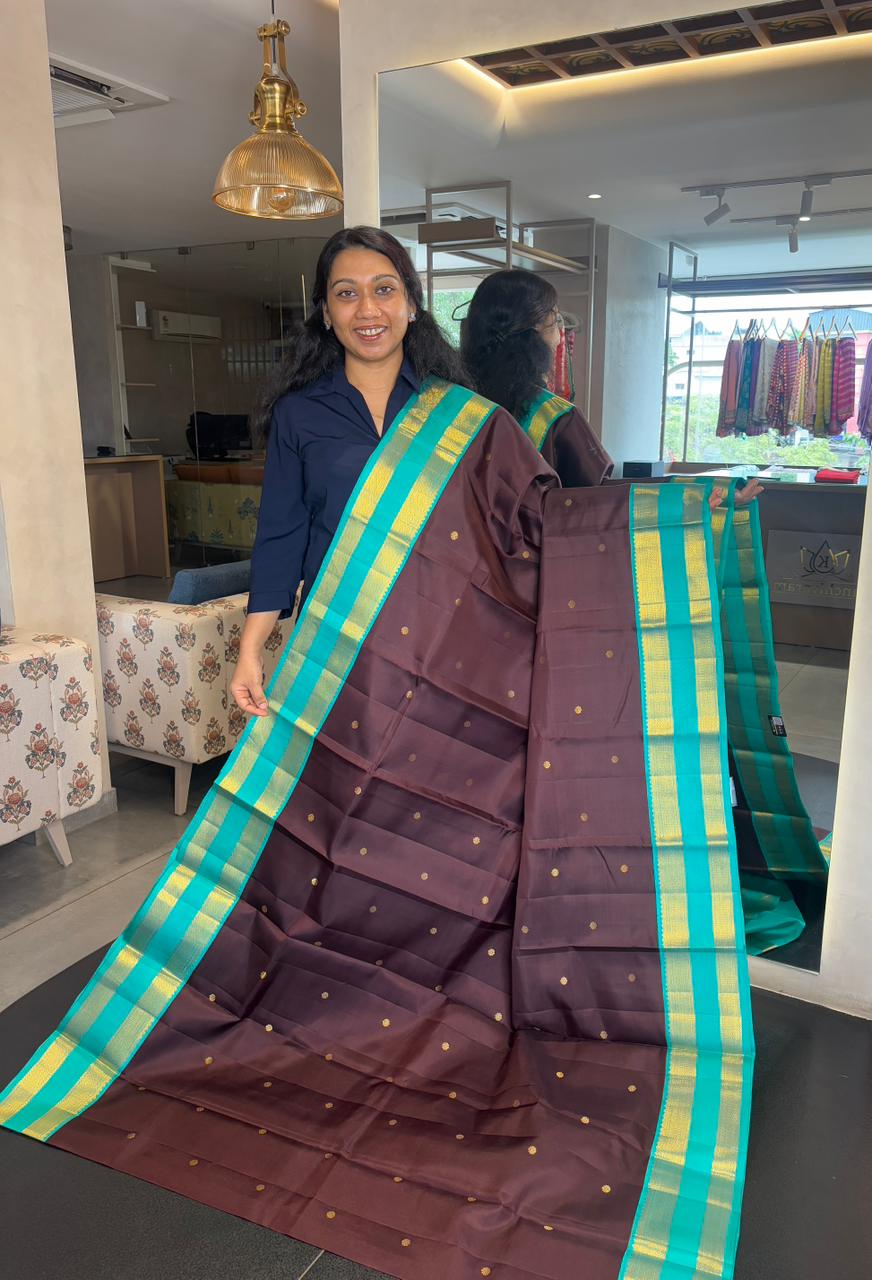 Pure Kanchipuram Silk Saree in Chocolate Brown with Turquoise Contrast