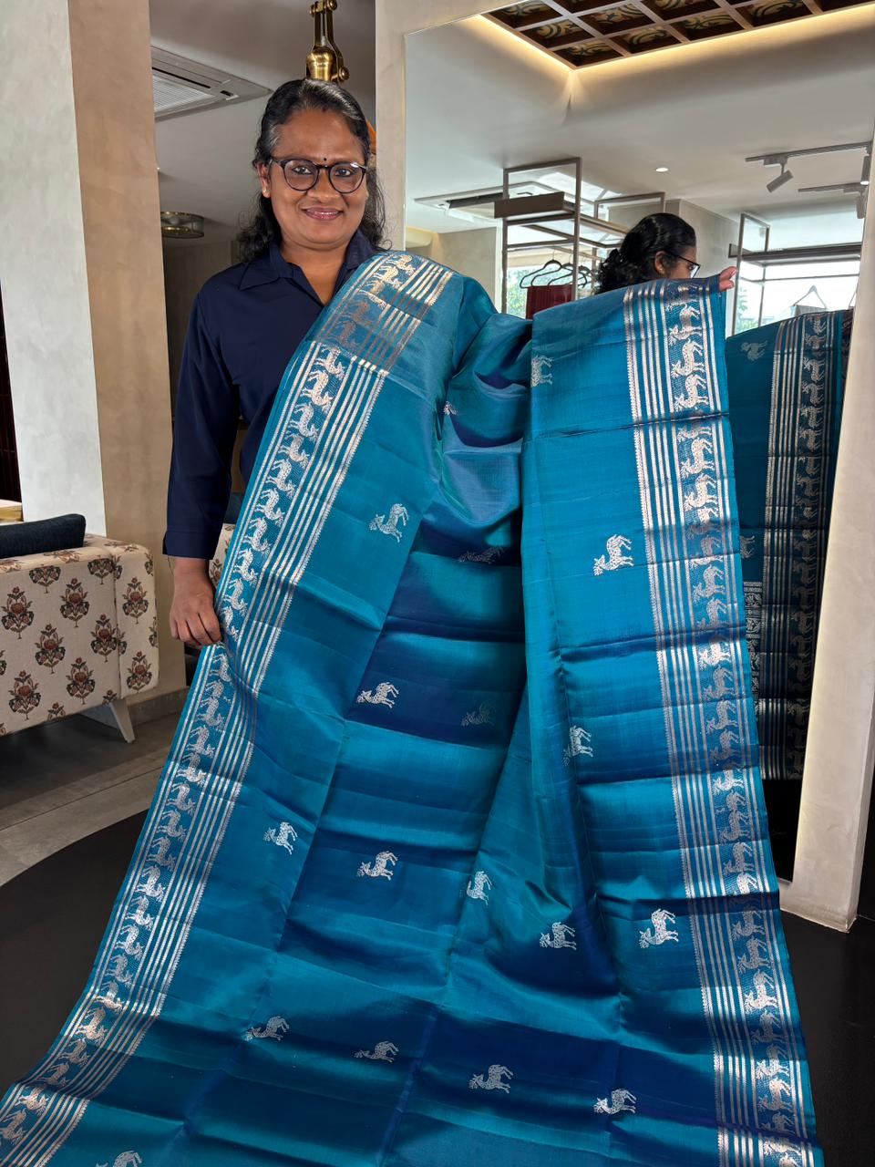 Peacock Blue Kanchipuram Soft Silk Saree
