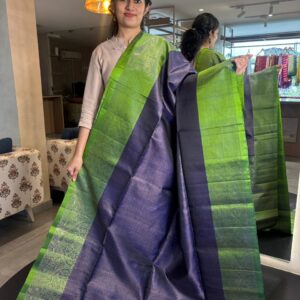 Indigo Blue Kanchipuram Soft Silk Saree with Parrot Green Zari Border