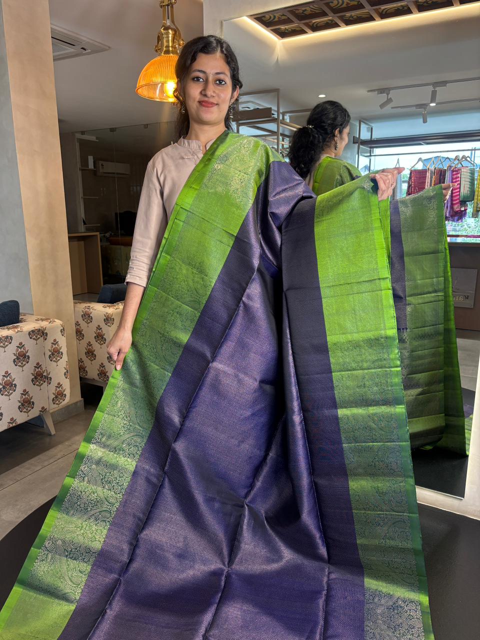 Indigo Blue Kanchipuram Soft Silk Saree with Parrot Green Zari Border