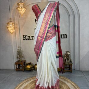 Semi Silk Saree In Ivory White Hue With Vibrant Pink Border