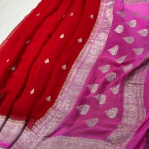 Pure Banarasi Khaddi Chiffon Sarees In Red Body With Pink Border