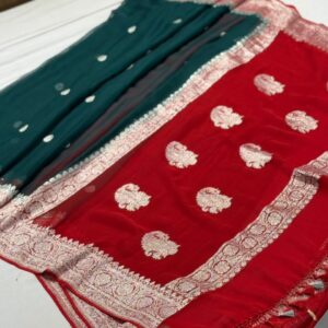 Pure Banarasi Khaddi Chiffon Saree In Combination Of Green And Red