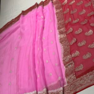 Pure Banarasi Khaddi Chiffon Saree In Combination Of Pink And Red