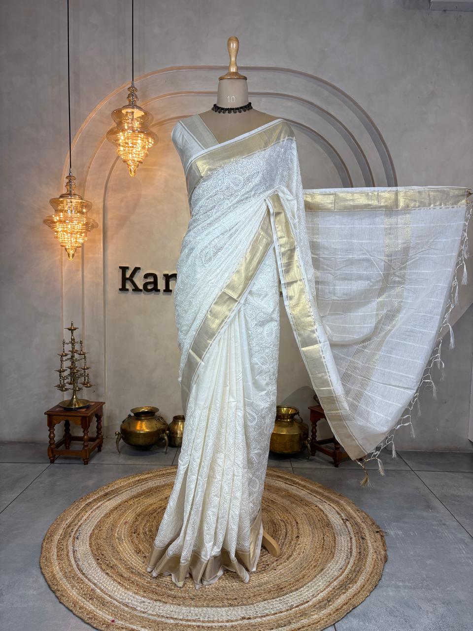 SEMI COTTON SILK SAREE WITH CHIKANKARI EMBROIDERY - Image 5
