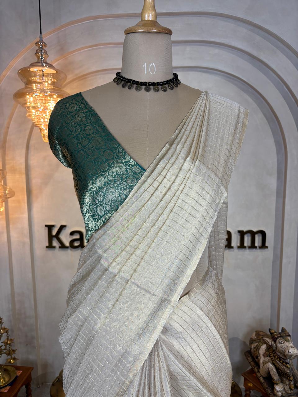 SEMI TISSUE SAREE WITH CONTRAST BROCADE BLOUSE - Image 5