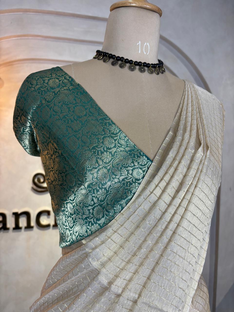 SEMI TISSUE SAREE WITH CONTRAST BROCADE BLOUSE - Image 4