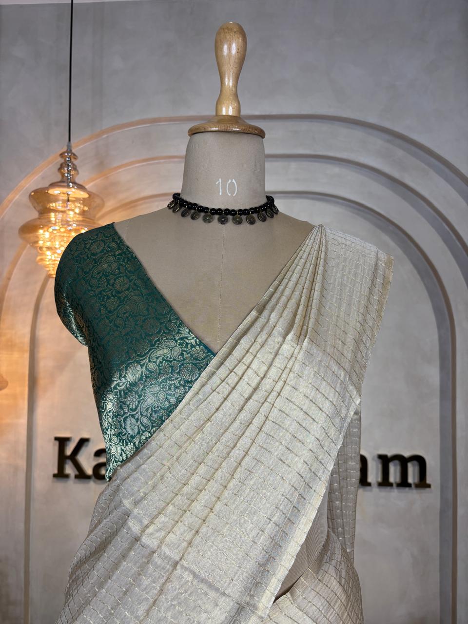 SEMI TISSUE SAREE WITH CONTRAST BROCADE BLOUSE - Image 2